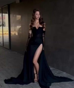 Charming Strapless Slit Beaded Black Prom Dress With Lace Sleeves